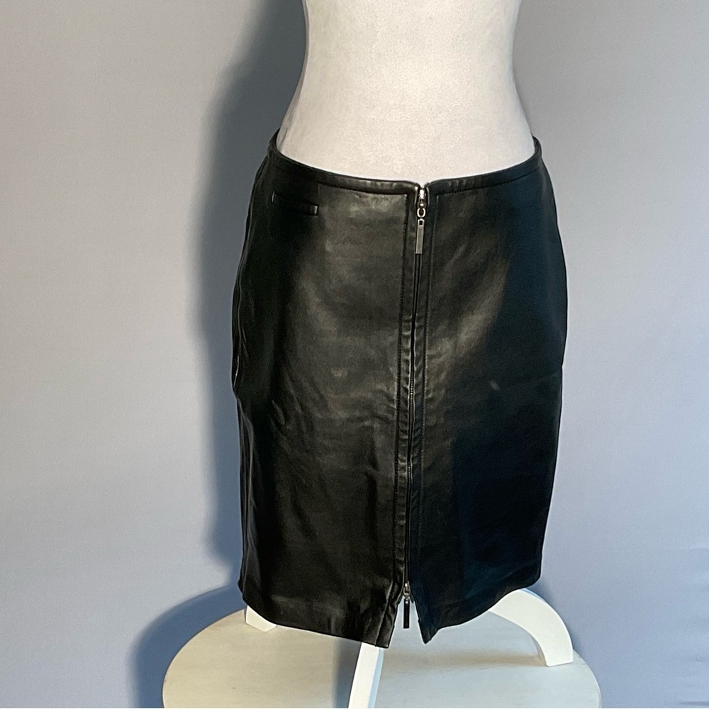 Express Genuine Leather Skirt 7/8 Black Midi Zip Front 2-Way Zipper - Picture 9 of 16